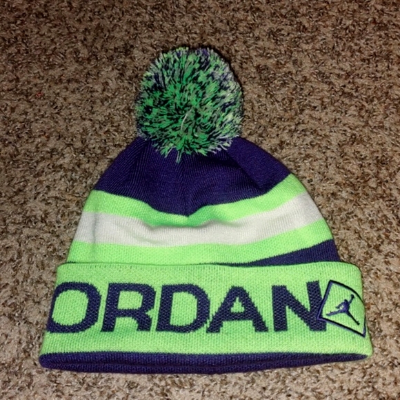 Jordan Embroidered Purple Green Winter Beanie Pom Pom Hat OS